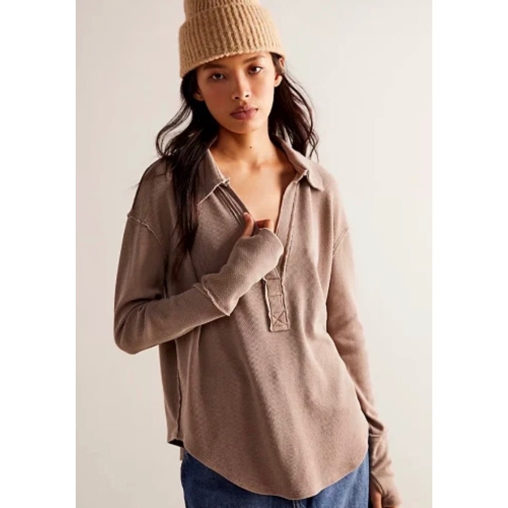 We The Free Anakin Thermal Top Taupe Oversized Collared Henley Large NWT